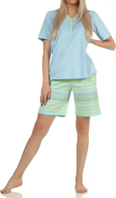 Produktbild von Damen Shorty Pyjama kurzarm Ethnolook – auch in Übergrössen bis Grösse 60/62 – 112 90 226 ; hellblau , 36