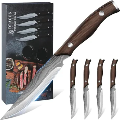 Image de Set de couteaux à steak de haute qualité 4 pièces manche en bois acier inoxydable Set de couteaux à viande tranchants Cadeaux pour hommes femmes