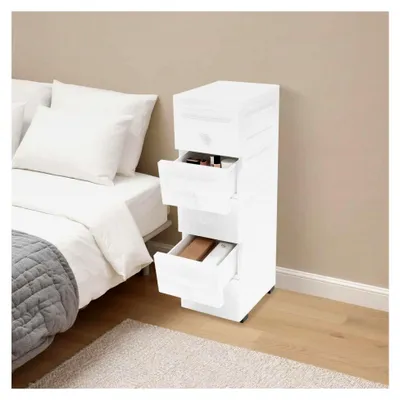 Produktbild von Nischenschrank 25 cm Breit Weiß mit Rollen und 5 Schubladen, schmaler Rollschrank für Bad, Schlafzimmer und Küche