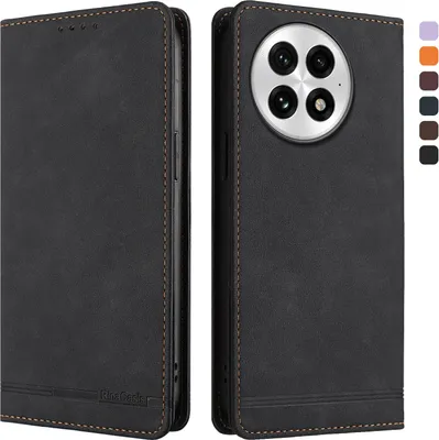Two views of a black flip phone case are shown side-by-side against a white background. The left view shows the front of the closed case, and the right view shows the back of the case with a circular camera cutout. A strip of color swatches is visible on t