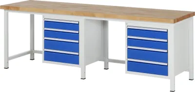Produktbild von Werkbank mit 8 Schubladen - Teilauszug - 120:4 / 150:4 - 840 x 2.500 x 700 mm (HxBxT) - Traglast 1.250 kg - Buche