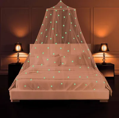 Produktbild von Moskitonetz Bett mit Leuchtsterne ohne Bohren Fliegennetz Anti Insektenschutz Doppelbett für Reise & Zuhause Moskitonetz