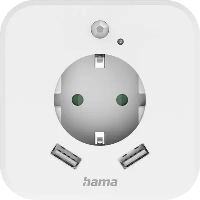 A white Hama LED night light with a European-style socket and two USB ports, shown from the front.
