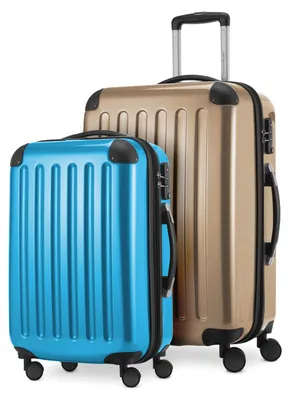 Produktbild von Alex - 2er Set Handgepäck + Mittelgroßer Koffer, Kofferset Resekofffer Trolleys Hartschale Polycarbonat glänzend,Champagner-Cyanblau