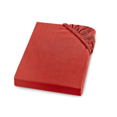 A terra cotta colored fitted sheet is shown on a white background.