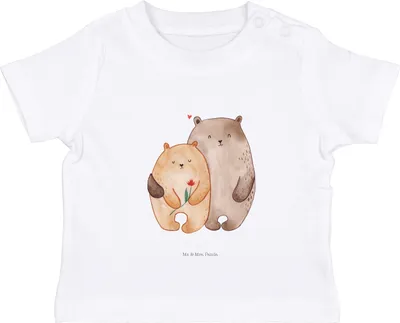 Produktbild von Mr. & Mrs. Panda  T-Shirt Bären Liebe 6. - 12. Monat - Weiß - Geschenk, Kuscheln, Freundin, Babyshirt, Bär, Öko Baby, Jerseyshirt, Blume, Verknallt, Kinder Top