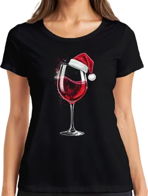 Produktbild von Weinglas Weihnachtsmütze Rotwein Weihnachten Geschenk Weinparty Damen T-Shirt, Schwarz, XL