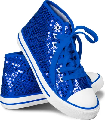 A pair of blue sequined high-top sneakers.