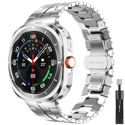 Produktbild von FFO2World Premium Metallband 'Iron' für Samsung Galaxy Watch Ultra 47mm – Silber – Klassisches Design mit Schmetterlingsverschluss – Inklusive Inkort-