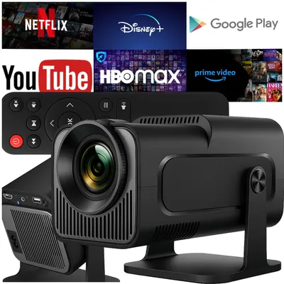 A collage of streaming service logos and a projector with its remote control.
