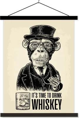 Produktbild von MuchoWow® Textilposter Mancave - Jahrgang - Whiskey - Affe 120x160 cm mit schwarzem Rahmen - Magnetischer