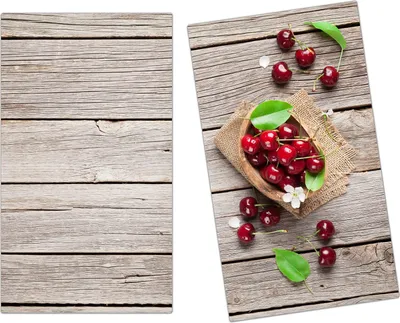 Produktbild von Spritzschutz Herdabdeckplatte Schneidebrett aus Glas Kirschen auf Holztisch  2-Teilig (60x52cm)