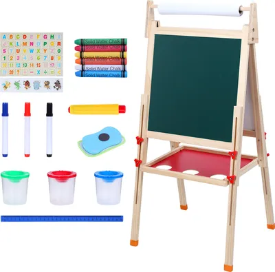 Produktbild von Kinderstaffelei, Kleinkinder-Kunststaffelei, Holzstaffelei für Kinder mit Papierrolle, höhenverstellbare, magnetische Doppelseitenstaffelei, abwischbare Kindertafel