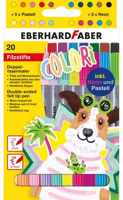 Produktbild von Eberhard Faber Colori, 20 Farben, Schwarz, Blau, Braun, Cyan, Grün, Orange, Pastell, Pink, Rot, Gelb, 3 mm, Mehrfarbig, Tinte auf Wasserbasis, Kinder