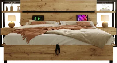 Produktbild von Holzbett Doppelbett 180×200cm, Hydraulisches Stauraumbett, Stauraum-Kopfteil mit Schubladen und USB&Type-C Ladeanschluss, Bettrahmen mit Holzlatten, Eichenfarbe (Ohne Matratze).