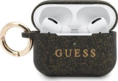 A black speckled case for AirPods Pro with a gold ring and the Guess logo.