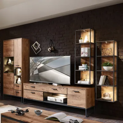 Produktbild von Industrial-Design TV-Wohnwand MINNEAPOLIS-55 in Haveleiche Cognac Nachbildung mit Matera anthrazit, B/H/T ca: 320/196/48 cm