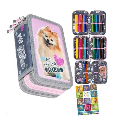 Produktbild von Federmäppchen 3 Fächer - Mäppchen für Mädchen und Jungen - Federmappe 3-Fach Federtasche 44-teilig Gefüllte Schüleretui Hausaufgabenheft- Hund