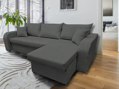 A dark gray sectional sofa with a chaise lounge is shown in a well-lit room with a plant and blinds in the background.