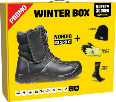 A yellow box advertising a "Winter Box" containing safety boots, a beanie, gloves, and socks.
