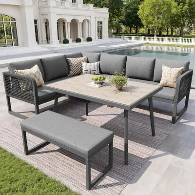 Produktbild von s Gartenmöbel-Set aus PE-Rattan mit wetterfesten Kissen, ideal für Terrasse & Garten, Platz für 6-8 Personen, graue Polster - Größe am Ende.