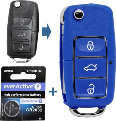 Produktbild von Auto Schlüssel Funk Fernbedienung 1x Gehäuse 3 Tasten Blau + 1x Rohling HA66 + 1x CR2032 Batterie kompatibel mit VW SEAT Skoda