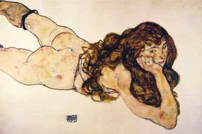 Produktbild von Egon Schiele Kunstdruck Bild - Auf Dem Bauch Liegender Weiblicher Akt, 1917 (80 x 120 cm)
