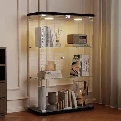 Image de Vitrine réfrigérée avec éclairage LED, noire, dimensions 125x79x36,5 cm, 3 étagères, porte double en verre trempé