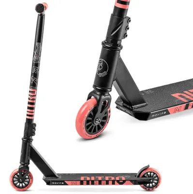A black and pink stunt scooter is shown against a white background. The image is composed of two views: a full view of the scooter on the left and a close-up of the front wheel and deck on the right.