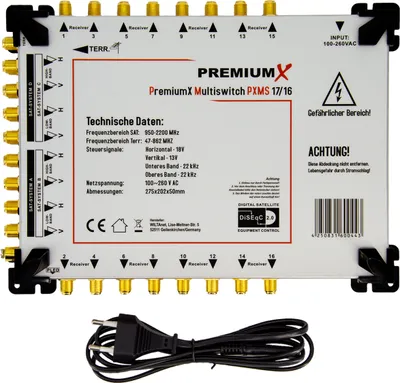 Produktbild von PremiumX PXMS 17/16 Multischalter mit Netzteil Multiswitch 4 SAT für 16 Teilnehmer