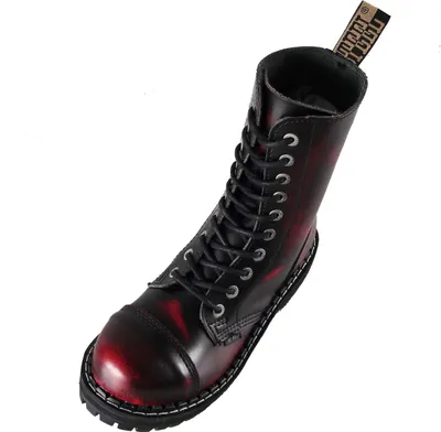 A single black and red combat boot with laces, shown from a slightly elevated angle against a white background.
