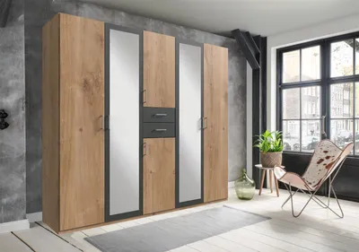 Produktbild von Kleiderschrank Drehtürenschrank Schlafzimmerschrank Schrank Schlafen "Drugi I" Plankeneiche/Graphit