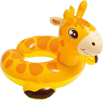 An inflatable giraffe-shaped swimming ring on a white background.