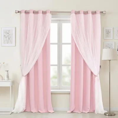 Immagine prodotto di 2 pezzi tende opache tende termiche doppio strato con voile tende ad occhiello per camera da letto soggiorno, rosa, L132 x H243cm