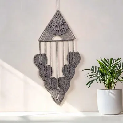 Immagine prodotto di Tappezzeria da parete in cotone intrecciato a mano, con frange a forma di foglie, decorazione bohémien per pareti, ideale per soggiorno o camera da letto, colore grigio