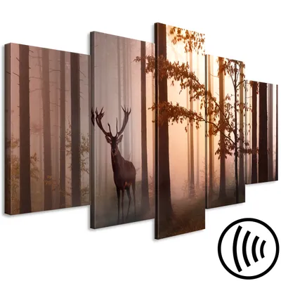 Image de Tableau acoustique Forêt Cerf 200x100 cm Tableaux Mousse acoustique Absorbeur acoustique haute performance Isolation acoustique Toile 5 pièces Tableau mural Acoustique intérieure Isolation acoustique Paysage Arbres c-C-0236-b-n