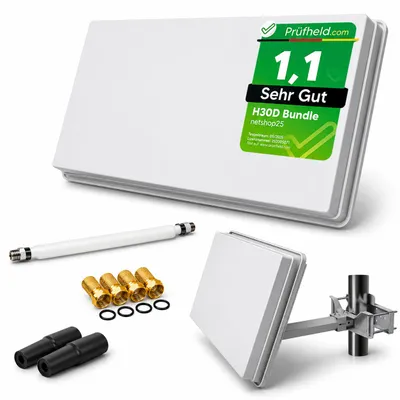 Produktbild von Selfsat H30D1+ Flachantenne Single + 10m Kabel + Fensterhalterung + 1 Fensterdurchführung + 4 F-Stecker + 2 Wetterschutztüllen (Full HD 4K UHD Sat Anlage für 1 Teilnehmer), KI-generiertes Bild