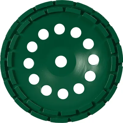 A green diamond grinding cup wheel is shown from a top-down perspective against a white background.