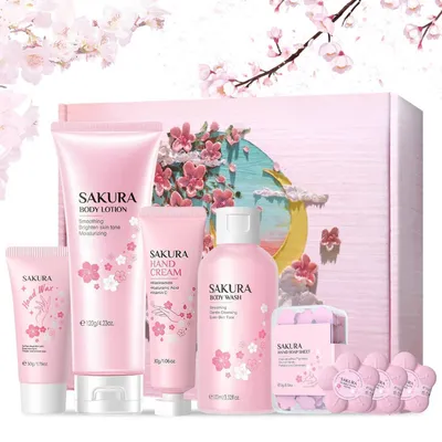 Produktbild von Badeset Damen 8-teilig Sakura Pflegeset mit Duschgel, Badesalz, Bodylotion, Handmaske, Seifenblätter, Handcreme