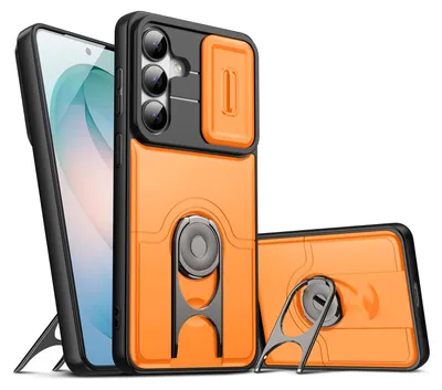 Image de Coque de téléphone pour Samsung Galaxy A57 avec protection pour appareil photo coulissante et anneau-support, coque hybride antichoc, couleur orange