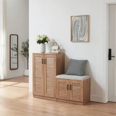 Obrázek produktu pro Botník "Løten" s lavicí Botník 120 x 36 x 97 cm se 4 dvířky a 9 policemi vzhled dubu