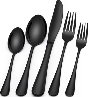 Produktbild von Besteck Set 6 Personen Schwarz, 30 teilig Edelstahl Besteckset, Essbesteck Set mit Messer Gabel Löffel, Hochwertiges Edelstahlbesteck, Hochglanzpoliert & Spülmaschinenfest