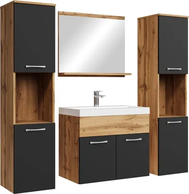 Produktbild von Badplaats Badmöbel Komplettset Montreal XL 60 x 35 cm Eiche / Schwarz - Badezimmermöbel mit Waschbecken, Spiegel und 2 Badezimmerschränke