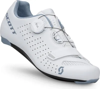 A white Scott cycling shoe with light blue accents is shown against a white background.