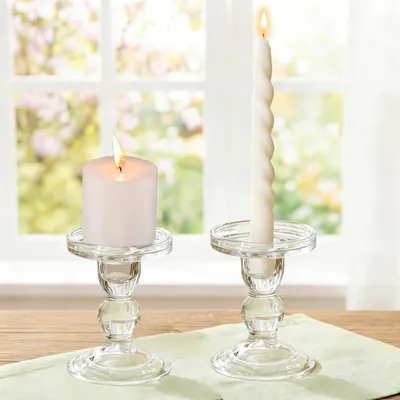 Image de Support-bougie en verre pour bougies chauffe-plat et bougies coniques, bougeoir transparent pour la décoration de table lors de mariages et pour les repas (lot de 2, transparent)