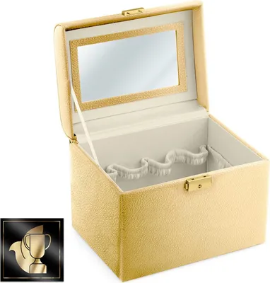 An open gold cosmetic case with a mirror inside, shown against a white background.