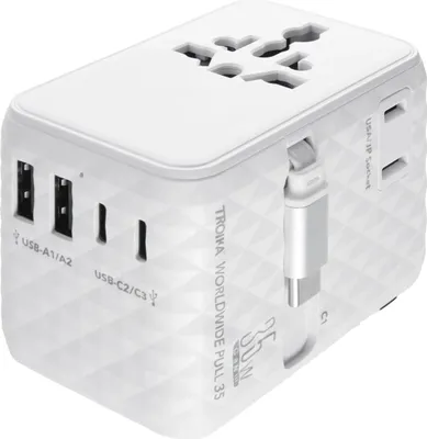 Produktbild von TROIKA Reiseadapter mit integriertem USB-C Kabel – WORLDWIDE PULL 35 – Schnellladekabel, für alle Steckdosen weltweit