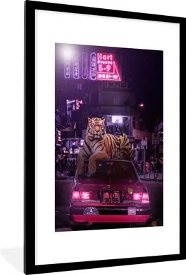 Produktbild von MuchoWow® MuchoWow® Gerahmtes Poster Tiger - Taxi - Stadt 60x90 cm - Poster mit zchwarzem Bilderrahmen - Dekoration - Wandposter Wohnzimmer - Hochwertig