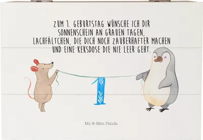 Produktbild von Mr. & Mrs. Panda Box 1. Geburtstag Maus Pinguin 22 x 15 cm - Weiß - Geschenk, schmuckkiste, fotobox, Geschenkbox, Holzbox mit Deckel, Happy Birthday, Kuchen, Torte