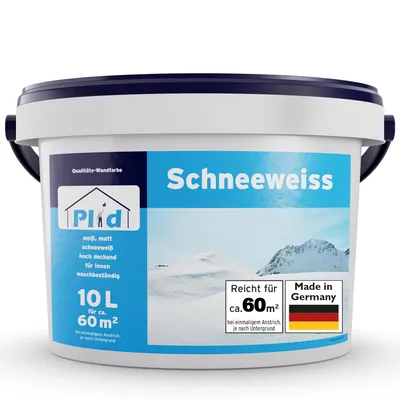 Produktbild von Plid Wandfarbe Schneeweiß 10L – für ca. 60m² / Innenfarbe Weiß mit hoher Deckkraft – matte Dispersionsfarbe, spritz- & geruchsarm